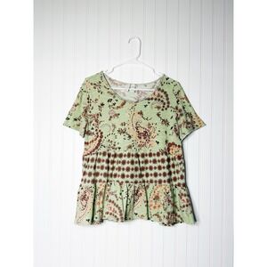 Cato Floral Peplum Top Women's Medium Green Brown Short Sleeve Babydoll Boho
